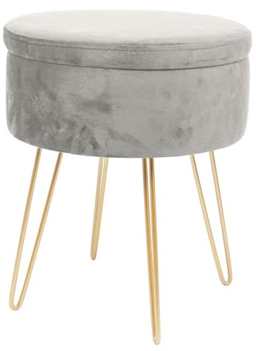 Harbour Housewares Velvet Round Foot Stool with Storage - Grey with Gold Legs - Modern Dressing Table Pouffe Footstool Vanity Seats Vanity Chairs Footstools for Living Room, Bedroom