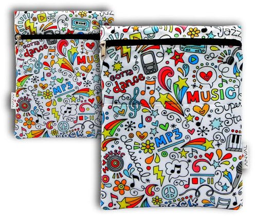 ANVAL Custodia per libro, impermeabile, interna imbottita, con cerniera, doppia tasca esterna, adattabile a qualsiasi spessore, custodia a libro di carta - fodera in tessuto stampato, Musica, Custodia