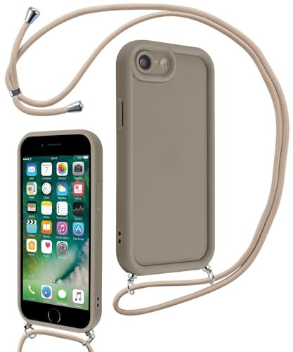 Coalbooliy Handyband für iPhone 7/8/iPhone SE 2022/SE 2020 Hülle 4,7 mit Band, Handyhülle Kameraschutz Silikon Necklace Stoßfeste Schutzhülle mit Kordel zum Umhängen Cover für Mädchen, Khaki