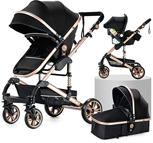 NADDLILY Kinderwagen 3 in 1, Buggy mit Umkehrbarem Zwei-Wege-Schub, Kinderwagen mit Faltbarem Tragbarem One-Click-Design, Kinderwagen 3 in 1 Komplettset mit Zubehör Hohe Landschaft (739 Black Gold)