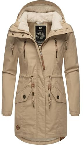 Ragwear Damen Mantel lange warme Winterjacke mit Teddyfell-Kapuze Elsie Intl Taupe24 Gr. XL