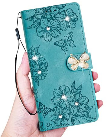 EuoDuo Kompatibel mit Oppo A52 / Oppo A72 / Oppo A92 Hülle PU Leder Handyhülle Klappbar Handytasche Glitzer Schmetterling Elegant Flip Tasche Etui Schutzhülle Cover - Minze