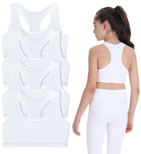 FUIPVGI 4 Stück Mädchen Sport BH Bustier Baumwolle, Ohne Bügel Bralette Bustier Mädchen, Trainings-BH für Mädchen 8-14 Jahre Cami Crop Top Sport BH (Weiß)