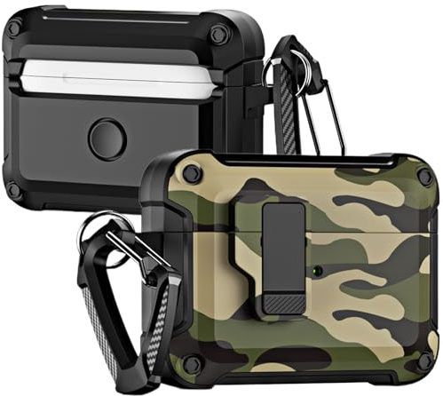 Fofvccv Camouflage Design Hülle für AirPods 3 Camo Green | Stoßfeste Hartschalen mit Karabiner & Verschlussdeckel, Kabelloses Laden, Militärische Fallschutz für AirPods 3