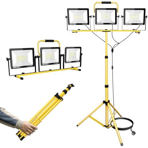 YOJZMA Projecteur LED de chantier 300W avec trépied, 30000LM, triple tête portable, lumière de travail IP66 étanche intérieur/extérieur 175V-265V avec câble 5m et prise pour atelier, garage, chantier