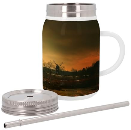 Tazza termica in acciaio inox con coperchio e cannuccia – Mulini a vento una sera d'autunno paesaggio lugubre – 500 ml – Tazza termica