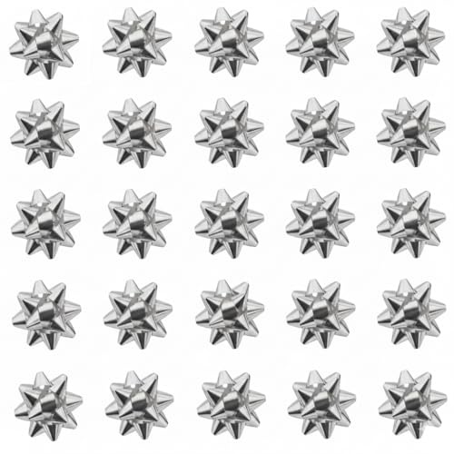 Komonee 100pc Silver Bows – Self-Adhesive 1.5 Inch Shiny Decorative Present Decoration – Home DIY Craft Wedding Birthday Wrap Wrapping Accessory