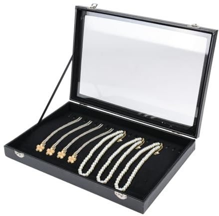 Aegistus Jewellery Organiser Necklace Box, Velvet Necklace Organiser with Clear Lid, Necklaces Display Stand with 20 Hooks and Lockable, Jewellery Box Insert for Necklaces (Black)