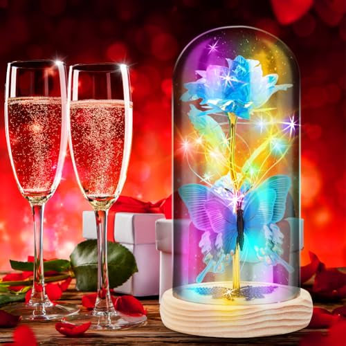 Rose Gifts, Birthday Wedding Gift for Women, Flower Gift, Artificial Flower Gifts for Mum, Wife, Grandma, Friend, Girlfriend, Sister, Light Up Rose in A Glass Dome for Anniversary Graduation, Blue