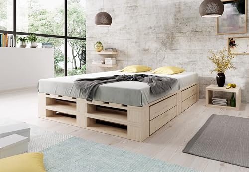 Lermowood Palettenbett M2 aus Holz 200 x 200 cm Natur mit Lattenrost und 2 Bettkästen Holzbett 30cm Stabiles Seniorenbett Kinderbett Jugendbett Gästebett erhöhtes Bettgestell Futonbett Komforthöhe