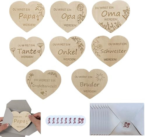Schwangerschaft Verkünden Set – 8 Herzförmige Holzzeichen, 8 Umschläge, 8 Sticker – Überraschung für Familie und Freunde zur Schwangerschaftsverkündung Du wirst Papa, Du wirst Oma Opa Onkel Tante