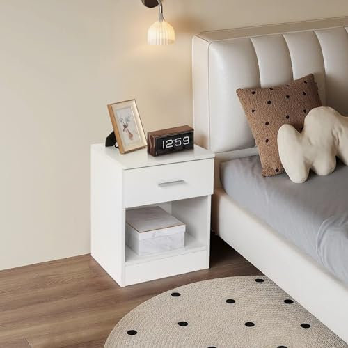 Bonnlo Table de Chevet Blanche, Table de Nuit avec 1 Compartiment Ouvert, Commode Chambre Lot de 2 avec 1 Tiroir, Convient pour Salon Chambre Salle de Bain, 41x39x28 cm (1)