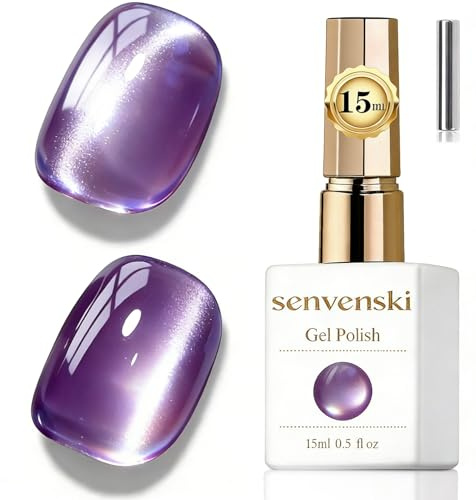 Senvenski Jelly Glass Cat Eye Gel Nail Polish with Magnet 15ML Magnetic 3D Galaxy Holographic Glitter Translucent Sheer Color Gel Polish Salon Home DIY (Purple, MY1-008)