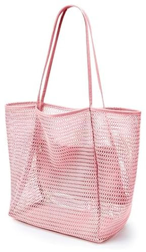 dellyy Mesh Sac de Plage Surdimensionné, avec Poche Intérieure Zippée, 35*17*37cm Sac de Plage Femme Pliable, Grand Gac de Plage Bohème, Adapté aux Vacances, Pique-Nique Plage Usage Quotidien (rose)