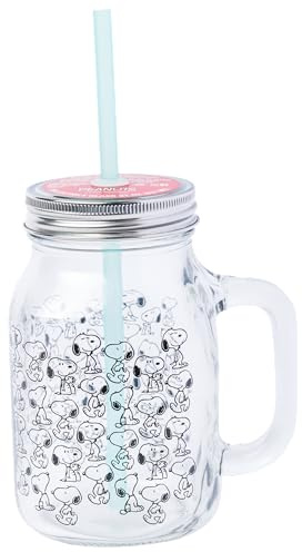 Silver Buffalo Peanuts Snoopy Pot en verre avec couvercle et paille 600 ml