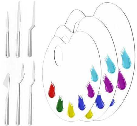 3 Stück Klare Acryl Malpalette mit 6 Stück Malerspachtel | Antihaft Öl Farbmischpalette, Transparent Oval Art Palette mit Griffloch, Mischpaletten für Ölfarben Acryl für Kunstprojekte