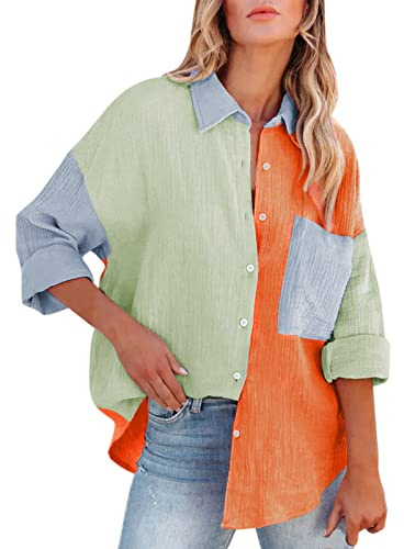 FNKDOR Bluse Damen Musselin Langarmshirt Baumwolle Lässig Oberteile Sommerhemd Langarm Hemdbluse Farbblock Shirts Tuniken mit Brusttasche (Green, XL)