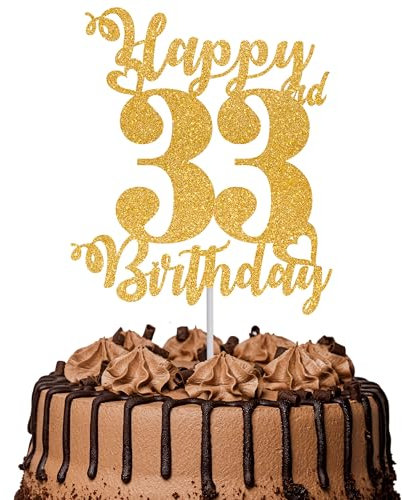 1Pc Happy 33rd Birthday Cake Topper Glitter Cheers to 33 Years Cake Topper 33 Fabulous Cake Decoration for Happy 33rd Birthday Party Cake Decorations Supplies Gold