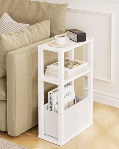 Apetaccat Beistelltisch Schmal mit Stauraum, Schmale Beistelltisch mit Beutel, 3-stufiger schmale Nachttisch, Kleiner Couchtisch für kleine Räume,Schlafzimmer,Wohnzimmer,Büro(Weiß)