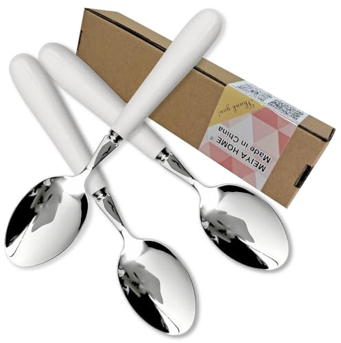 MEIYAHOME Sus304 Dessertlöffel aus hochwertigem 18–10 Edelstahl, feiner Dessertlöffel mit rundem Rand, weißer Keramikgriff, verspiegeltes Besteck für tägliche Mahlzeiten, Gastgeber (3 Löffel, 16,5 cm)