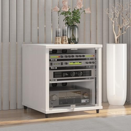 Audio Komponentenschrank TV Rack HiFi Regal Audio Schrank Glas und Holz, Entertainment-Center AV-Medienständer, für Audioanlage Stereoanlagen(White)