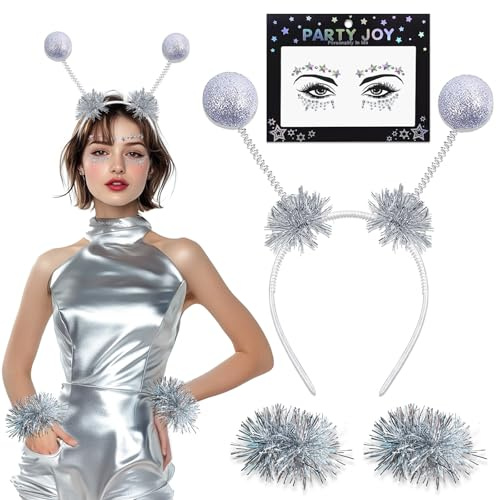 GluckGeschenk Alien Kostüm Damen, Alien Haarreif, Mit Gesichtsaufkleber und Armbänder, Weltall Kostüm Space Girl Kostüm Damen Karneval Accessoires, für Karneval Party, Damen & Herren