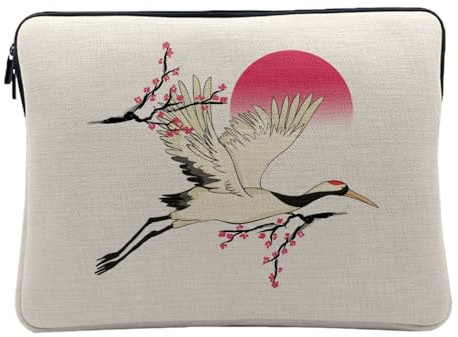 Housse Ordinateur et Tablette Aspect Lin - Grue du Japon Oiseau Asie Faune Sakura - 12-13 Pouces Pochette de Protection PC Portable Imprimé en France