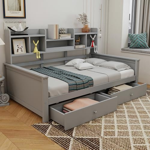 Kebnor Schlafsofa 90x200, Schubladen und Regale, Lattenrost, Kinderbett, Jugendbett, Einzelbett, Massivholzbett (Grau)