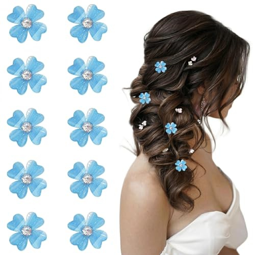 NiceNaiils Juego de 10 Pinzas para el Pelo con Flores y Diamantes de Imitación, Pinza Pelo Boda Invitada, Pasadores Pelo Mujer, Flores Pelo Niña