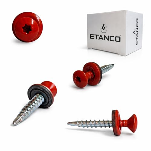 ETANCO GTF P Bohrschrauben 4,8x35 mm für Trapezblech & Dachblech, selbstbohrend, mit EPDM-Dichtscheibe, TX-Antrieb,RAL 3020 Verkehrsrot, 250 Stück