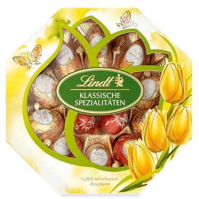 Lindt Schokolade Spezialitäten Eier | 216 g | Vollmilcheier mit und ohne Alkohol (Marc de Champagne, Nougat, Cresta, Vanille Trüffel, LINDOR Milch) | Oster Schokolade | Schokoladengeschenk | Ostereier
