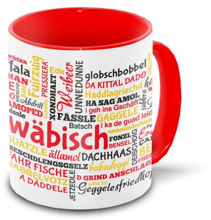 Schwaben-Tasse Tagcloud - weiß/rot - Tasse mit typischen Wörtern im schwäbischen Dialekt