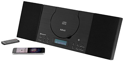 Akai Compact HiFi System, Wall Mountable with Bluetooth, CD and FM Radio, LCD Display, Wake-Up Alarm and Snooze Function, Aux In, Phone Jack, Detachable Speakers, Remote Control Included, Black