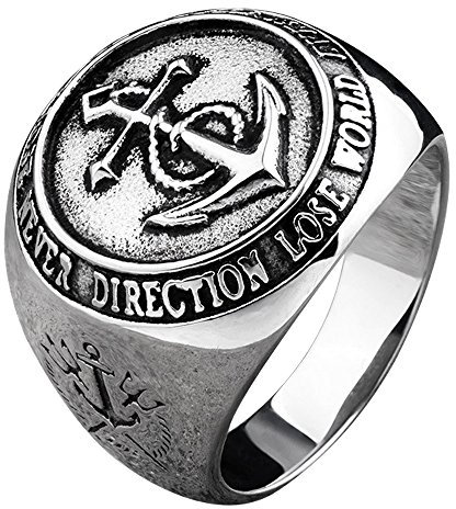 ForFox Vintage Titan Edelstahl Marine Anker Ring Eingraviert Poseidons Trident und Kompass Nautischer Schmuck für Herren Damen Größe 54