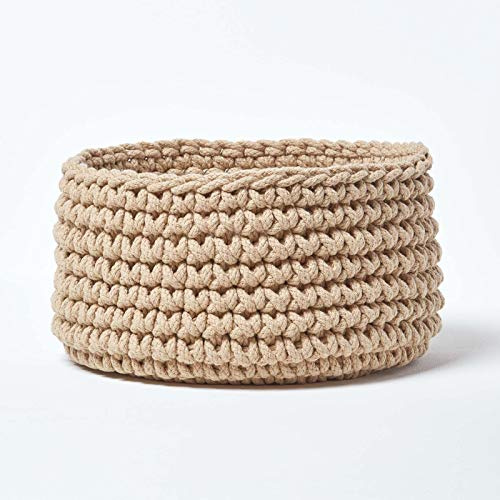 HOMESCAPES gestrickter Aufbewahrungskorb in beige, runder Strickkorb/Stoffkorb 37 x 21 cm aus 100% Baumwolle mit Grobstick-Optik, cremeweiß