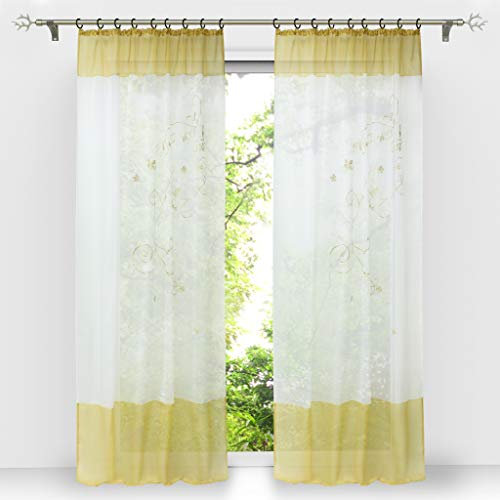 HongYa 1 Stück Bestickte Gardine Transparenter Voile Vorhang Fensterschal mit Kräuselband H/B 270/140 cm Sand