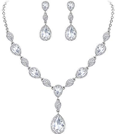Clearine Damen Schmuck Set Hochzeit Braut Zirkonia Teardrop Y Halskette und Ohrringe Schmuckset für Frauen Klar Silber-Ton