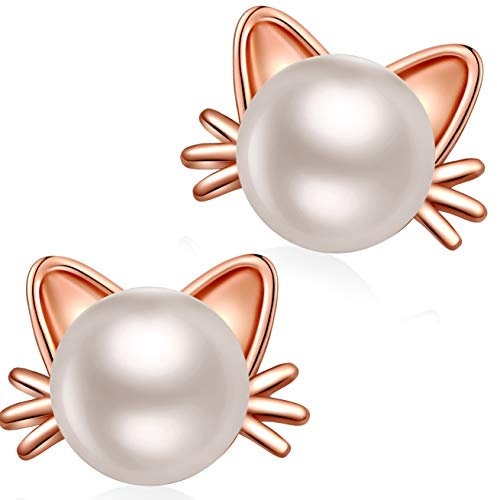 Katze Ohrringe Damen Perlen Ohrringe Ohrstecker Silber Katzen 925 Sterling Silber für Damen Roségold