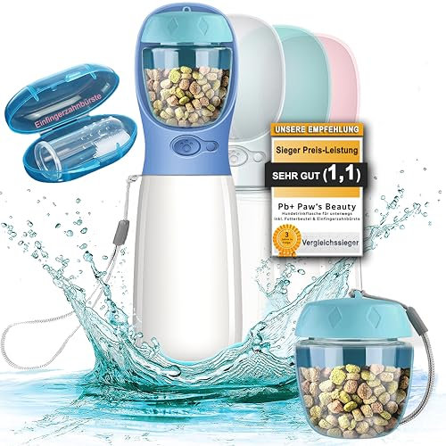 NEU 3er GESCHENKESET | Innovative 550ml Hundetrinkflasche für unterwegs | inkl. Futterbehälter & Zahnbürste | Premium Trinkflasche Hund | Trinkflasche Hunde für unterwegs | 100% DICHT