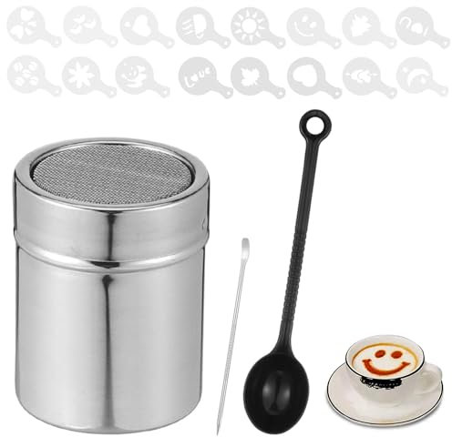 Pochoir Cappuccino Modèle Barista Shaker Cacao Shaker Chocolat en Acier Inoxydable Pochoir Latte Art pour Glaçage De Biscuits Au Café, Gâteau, Décor De Cupcake avec 16 Couvercles à Motifs Différents