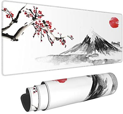 Japanische Kirschblüten-Tinte Fuji Mountain Gaming Tastatur Mauspad Zubehör Riesige Verlängerte XL genähte Kante Gummisohle für Zuhause Büro (80 x 30 cm)