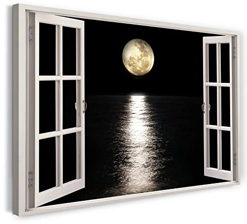 Printistico Bilder Fensterblick 100x70cm Baumwoll-Leinwand auf Keilrahmen mit Aufhänger moderner Kunstdruck XXL Wandbilder Wand-Dekoration Mondschein Meer Wasser Spiegelung Natur - Natur-Fotografie