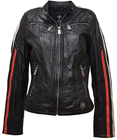 Roberto Geissini DARA Damen Lederjacke in schwarz, klassische Bikerjacke langarm, Todenkopf Nieten, Used Look Lederstreifen, Größe 46