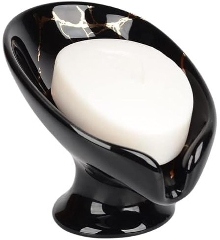 Umlaca Soap Dish Ceramic,Self Draining Soap Holder Keep Soap Dry,Leaf Shape Soap Tray Vintage,Suitable for Kitchen, Bathroom, Shower (Black)