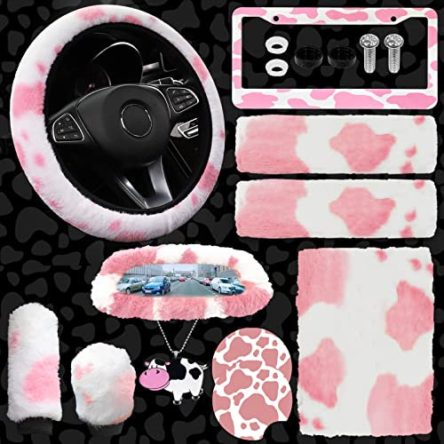 JINGSEN 11-teiliges Flauschiges Autozubehör-Set, Flauschiges Kuh-Druck, Plüsch-Lenkradbezüge für Frauen, weiches Fleece, Handbremsabdeckung, Autoverkleidung, warme rutschfeste Auto-Dekoration (Rosa)