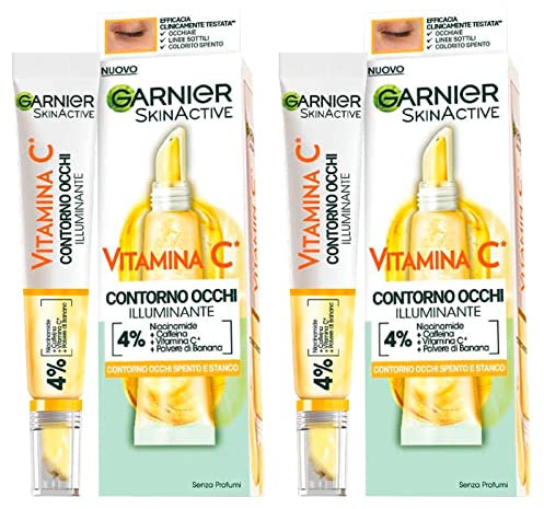 Garnier SkinActive Vitamin C Augenkontur-Augencreme für stumpfe und müde Augen, vegane Formel mit Niacinamid, Koffein und Bananenpulver, 2 Flaschen à 15 ml