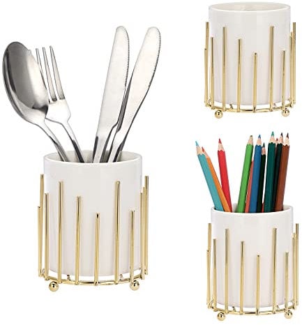SUMTree 3Pcs Utensil Holder White Ceramic Flatware Organisers Tableware Holder with Metal Frame Utensils Storage Jar for Forks, Spoons, Knives Pens, Makeup Brushes, Home and Office Supplies