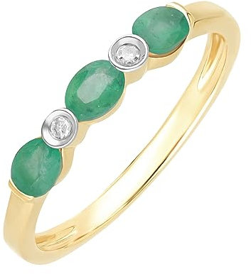 Ivy Gems 9ct Yellow Gold Three Stone Emerald and Diamond Half Eternity Ring (O)