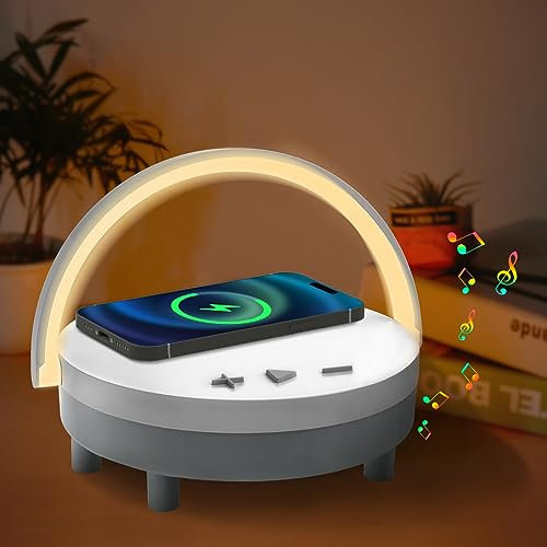 Olycism Bluetooth Lautsprecher mit Nachtlicht und 15W Fast Wireless Charge 4-in-1 Touch dimmbare LED-Tischlampe für Schlafzimmer Musik-Player Telefonhalter, Geburtstagsgeschenke für Frauen und Männer