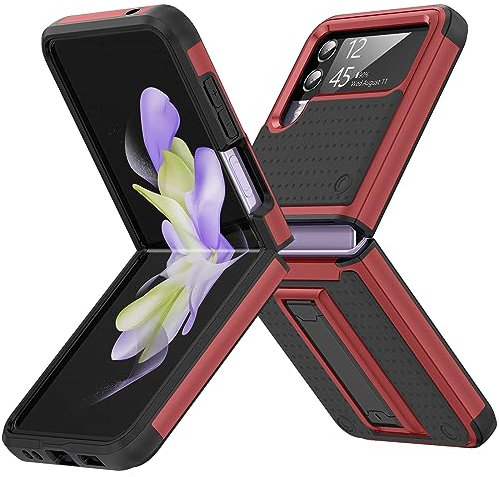 Jeylly for Z Flip 3 Case with Hinge Protection, for Samsung Z Flip 3 Case with Kickstand Shockproof Anti Scratch Protective Cover for Samsung Galaxy Z Flip3 5G, Red/Black